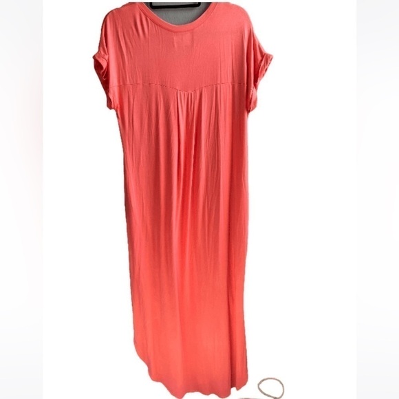 NWOT MF Designs boho soft stretchy knit v-neck pockets coral tee maxi dress. Sm - Picture 2 of 8